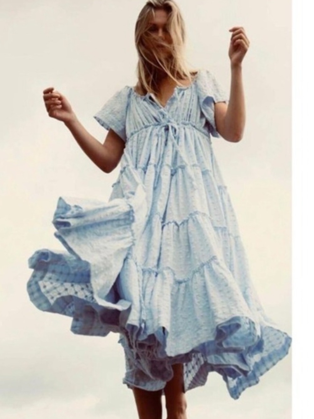 Light Blue Tiered Maxi Dress with Smocked Bodice